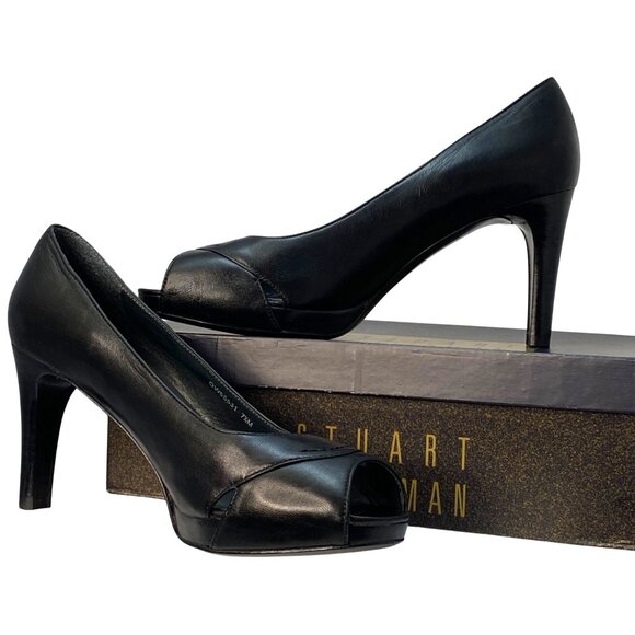 Stuart Weitzman Black Leather Peep Open Toe High Heel Luxury Pumps Size 7.5M - Picture 2 of 13